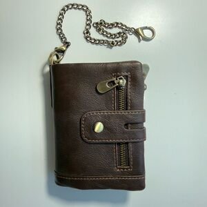 Vintage Brown Leather Trifold Wallet w/ Chain
